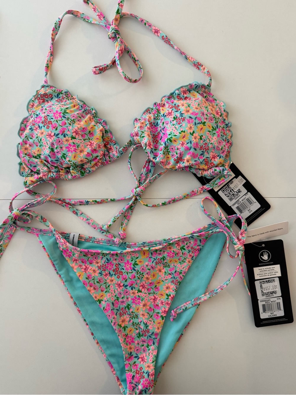 BODY GLOVE BIKINI. Floral Scallop Edge Bikini Set in Aqua and Pink